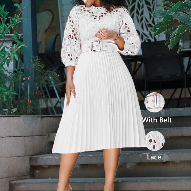 Women Crochet Lace Party Pleated Fashion Women Maxi Casual Dress Plus Size Long Sleeve Church Women Elegant Dress