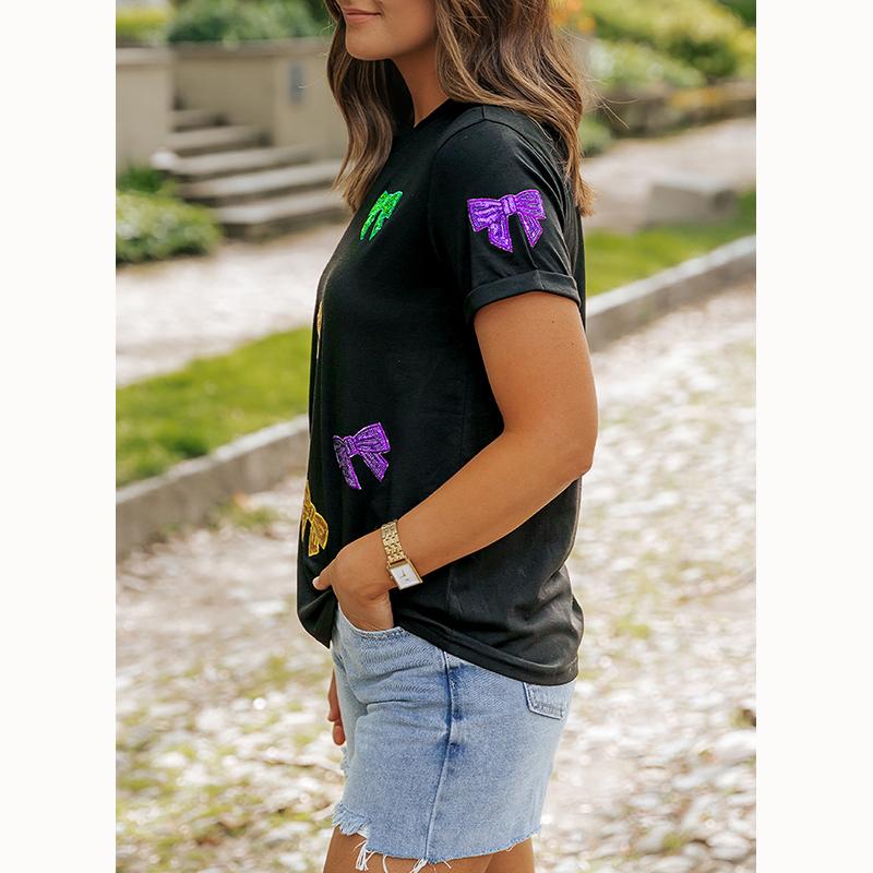 Dear Lover Wholesale Bulk Carnival Casual Summer Short Sleeve Round Neck Women Rhinestone Sequin Pattern T-Shirt