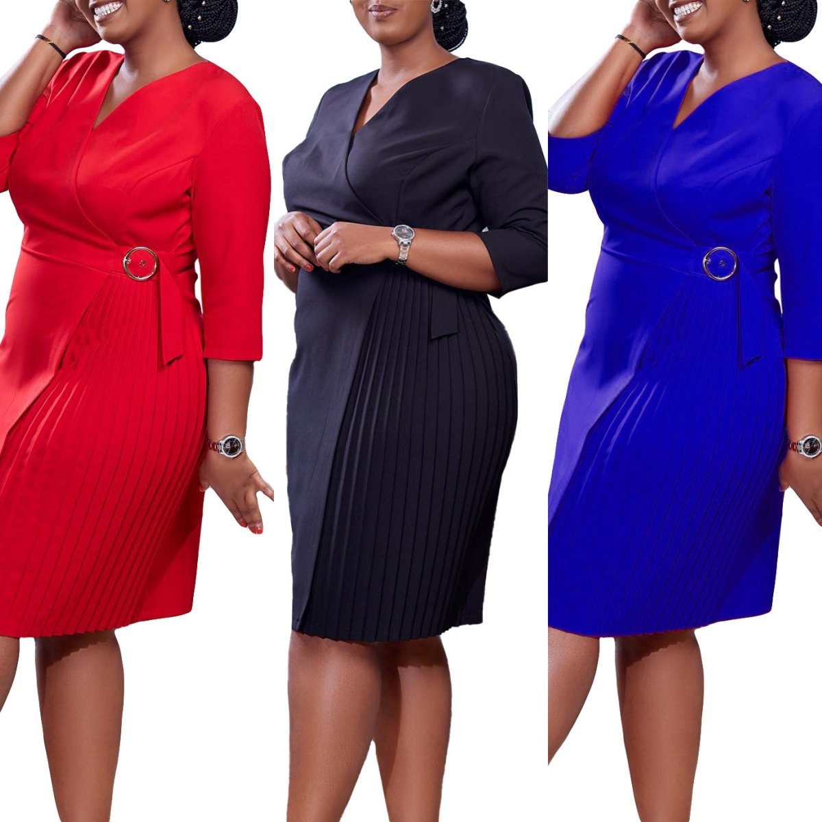 Custom Summer Women's Elegant 3 Quarter Sleeve Women Office Dress Pleated African Women's Clothing
