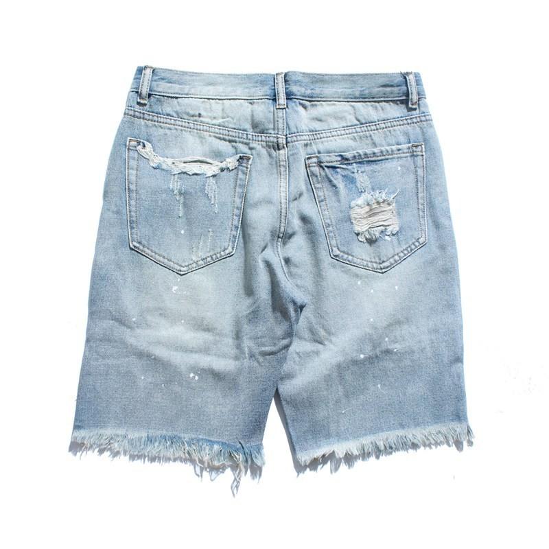 New Tear Damaged Old Denim Shorts Men's Hole Denim Shorts Blue Men's Hip Hop Fashion Casual Jeans Short