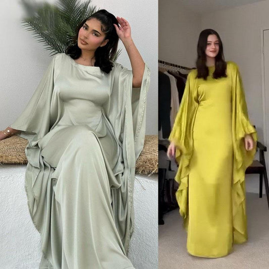 2024 Silk Satin Poncho Long Sleeve Loose Muslim Gown Luxury Kaftan Fashion Elegant Women Abaya Maxi Women's Dress