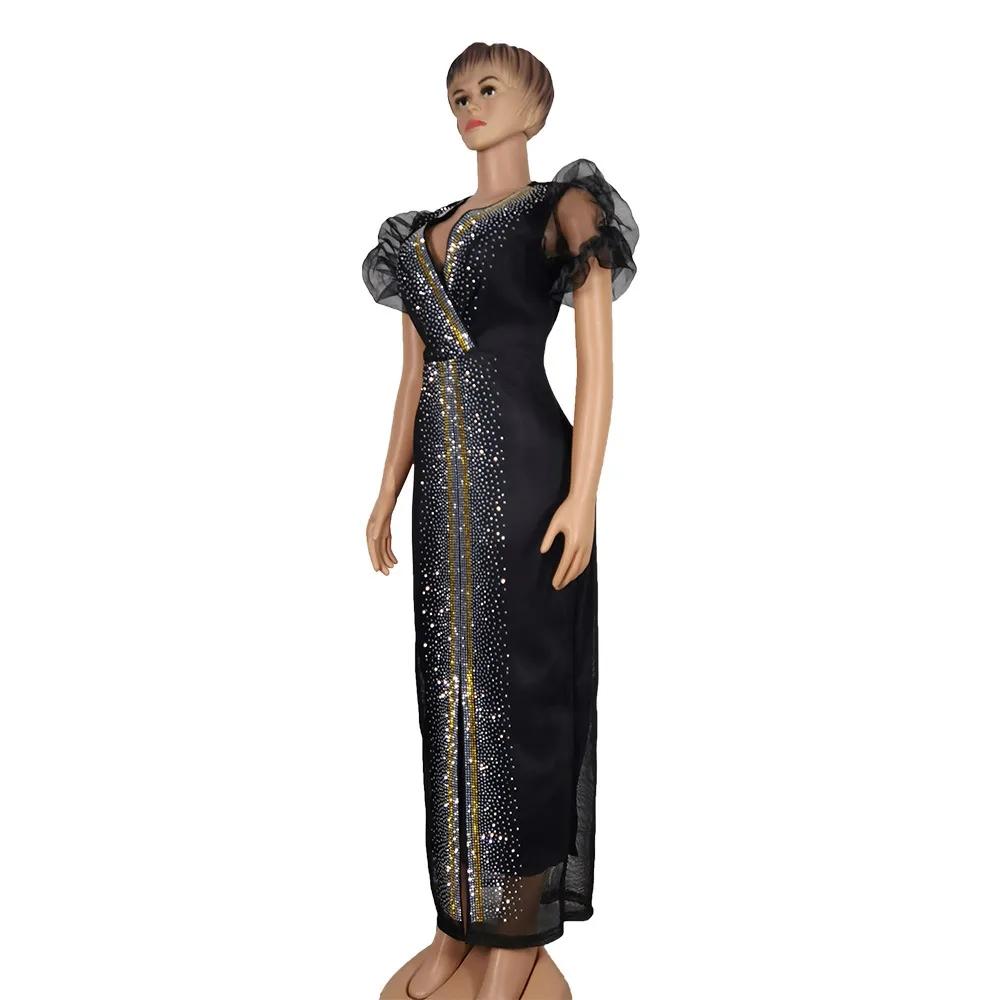 Fashion African Sequins Women Elegant Women Evening Dress 2022 Short Sleeve V-Neck Diamond Maxi Dress
