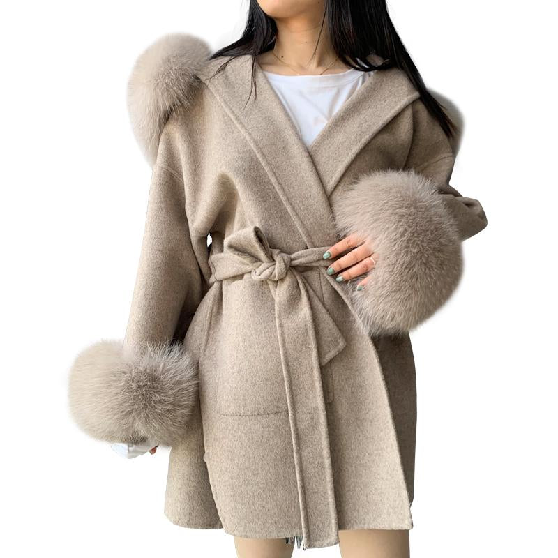 New Design Winter Women Belt Double Sided 100% Wool Windbreaker Plus Size