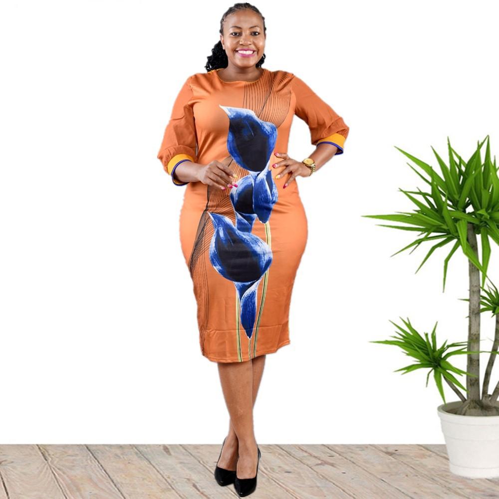 African Women Plus Size Dress O Collar 3/4 Sleeve Printed Office Dress Women's Pencil Midi Dress