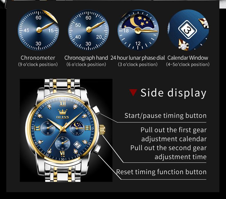 Men's Watch OLEVS 2858 Business Multi Time Zone Watch Waterproof Function Analog Date Watch Stainless Steel Quartz Watch