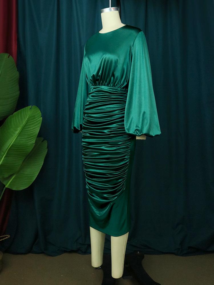 Y307044 Pleated Green Satin Dress Long Puff Sleeve High Waist Soft Midi Banquet Party Plus Size Women's Clothing