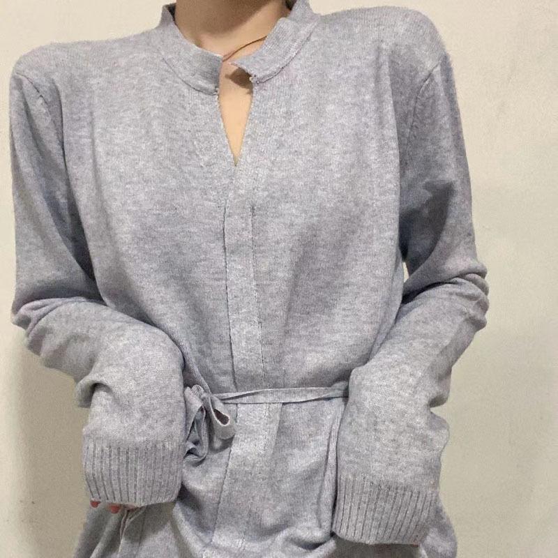 Wholesale 2021 Autumn New Fashion Simple Temperament Thin Solid Color Knee Drawstring Waist Knitted Dress