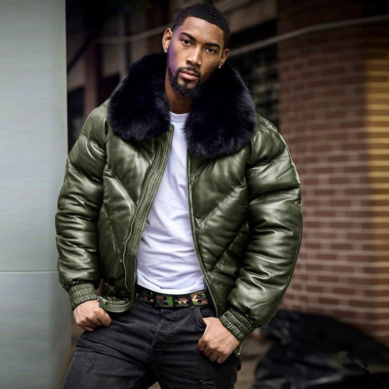 2021 Latest Men's High Custom Bomber Black Real Fox Fur Collar High Grade Duck Down With Black Real Sheepskin Jacket