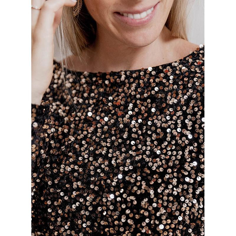 Dear Lover Women High Quality Fashion Dress Sequins Round Neck Long Sleeve Tight Party Dress