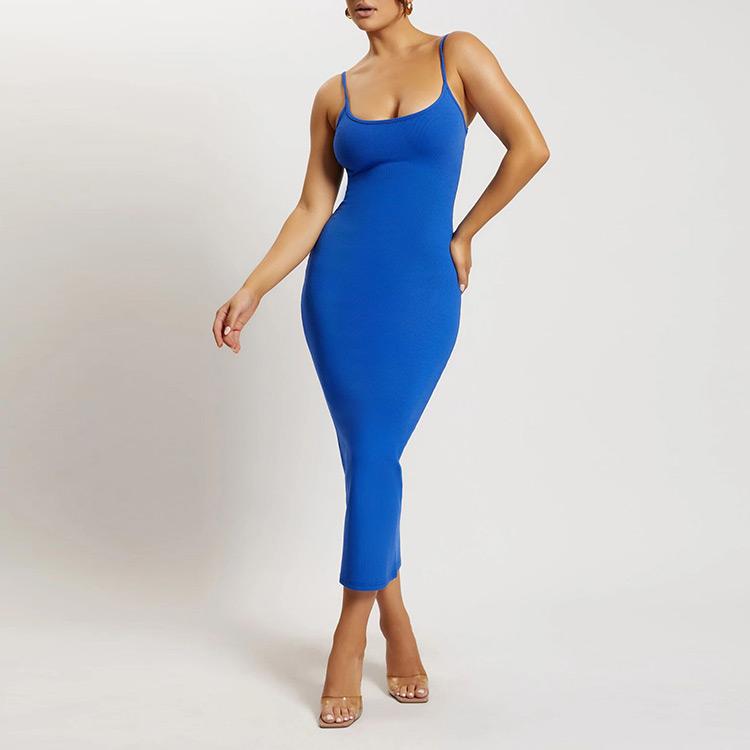 Knitwear Clothing Manufacturer Open Back Decorative Knitted MIDI Dress Rib Sweater Summer Knitted Dress Women