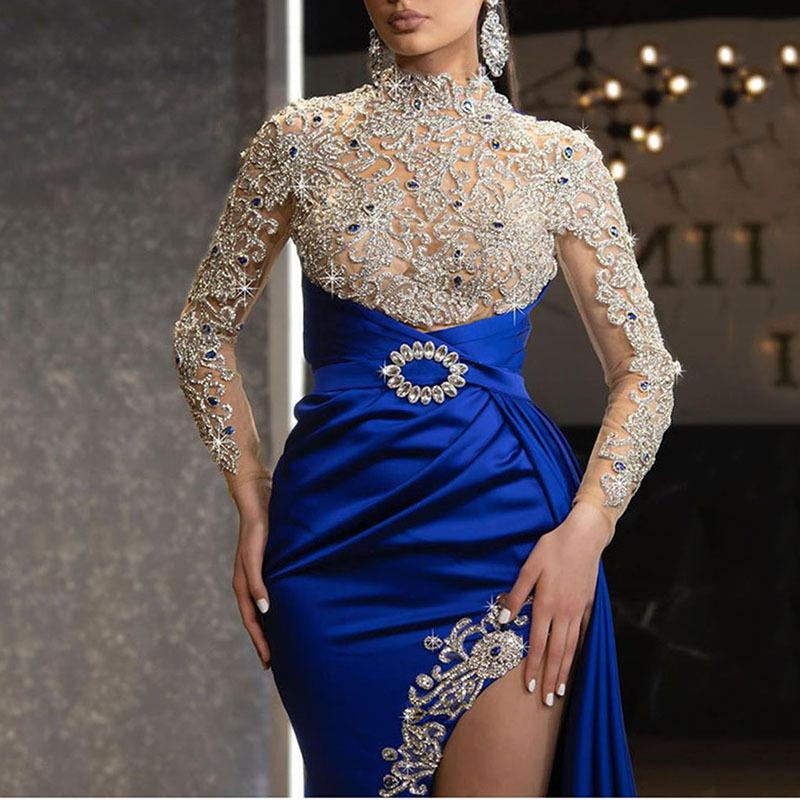 Valentine's Day 2024 Queen Dress Women Fashion Sexy Dress Blue Splash Gold Split Mosaic Half-turtleneck Evening Gown Abito Da Sera