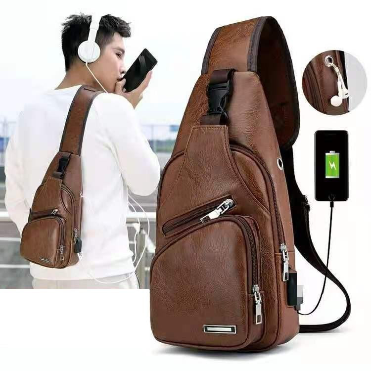 New Korean Style Fashionable Charging Men's Chest Bag Outdoor PU Leather Shoulder Briefcase Leather Sling Bag