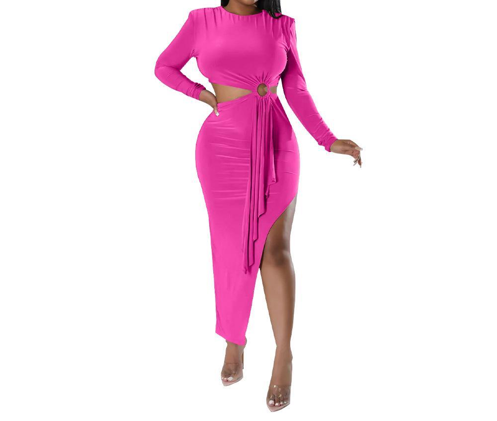 2024 Wholesale Autumn Women's New Slim Evening Dress Long Sleeve O Collar Side Exposed Waist Dress Women Elegant Casual Dress