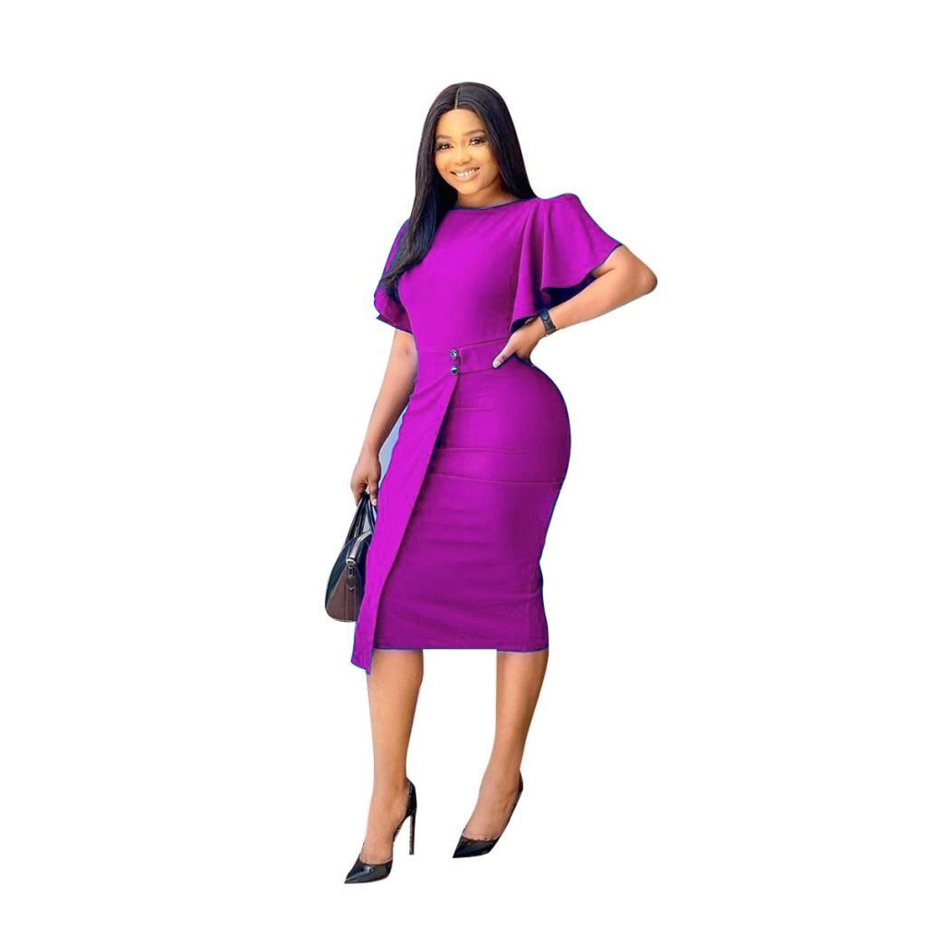 Solid Color O Neck Horn Sleeve Evening Dress Plus Size Women's Dress