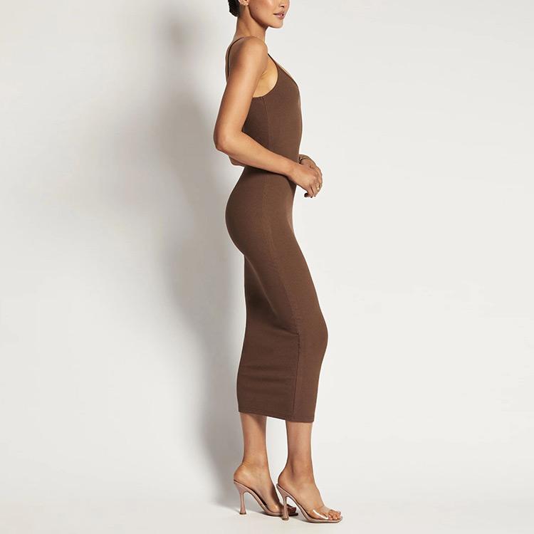 Knitwear Clothing Manufacturer Open Back Decorative Knitted MIDI Dress Rib Sweater Summer Knitted Dress Women