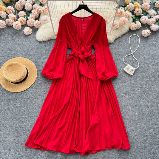 Summer Roman V-neck Tunic Waist Dress Women's Long Lantern Sleeve Empire Lace Dress Red Yellow Purple Black
