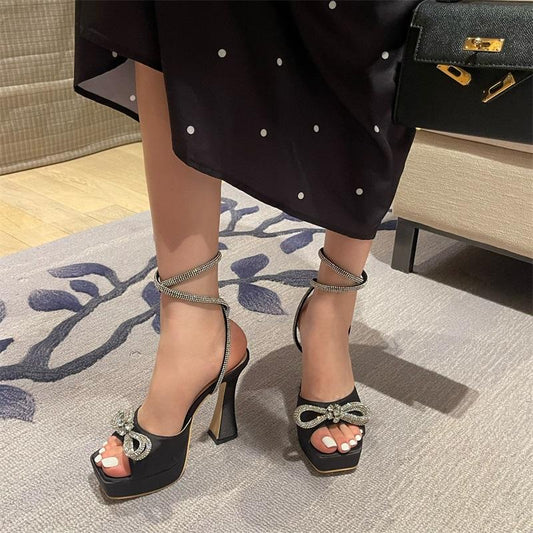 2023 Fashion Runway Rhinestone Ankle Strap High Heels Women's Sandals Crystal Bow Open Toe Platform Thick Party Dance Shoes