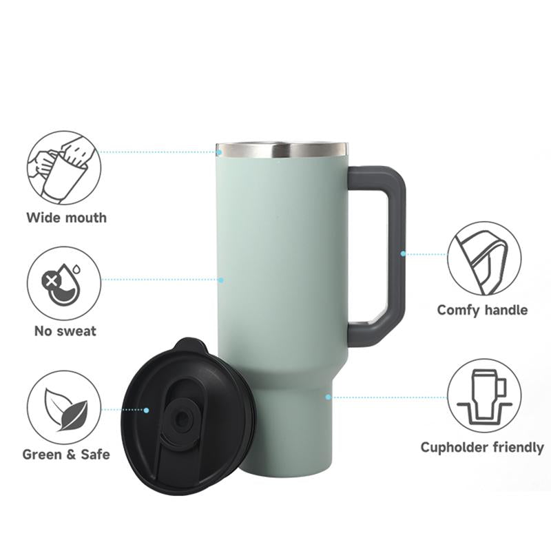 40 Oz Tumbler Double Wall 304 Stainless Steel Insulated Wide Mouth Car Tumbler Cup With New Handle And Straw Cover Vacuum Car Cup