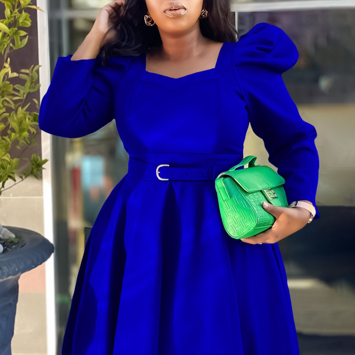 2024 Wholesale African Women's Elegant Long Puff Sleeve Square Collar Solid Color Maxi Plus Size Dress