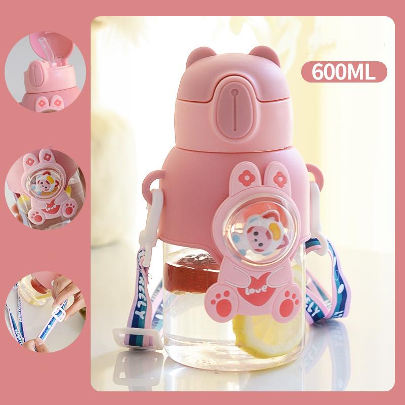 Children's Water Cup Drop-proof Suction Tube Cup Boys And Girls School Kindergarten Baby Bear Water Bottle Plastic Water Drinker Children's Cup