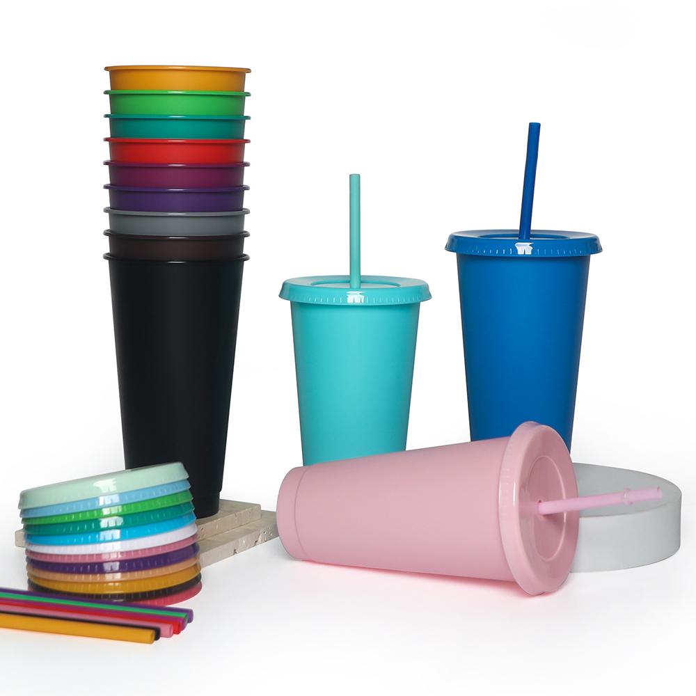 Plastic Tumbler Coffee Black Reusable 24 Oz Frosted Drink Cold Cup With Lid And Straw