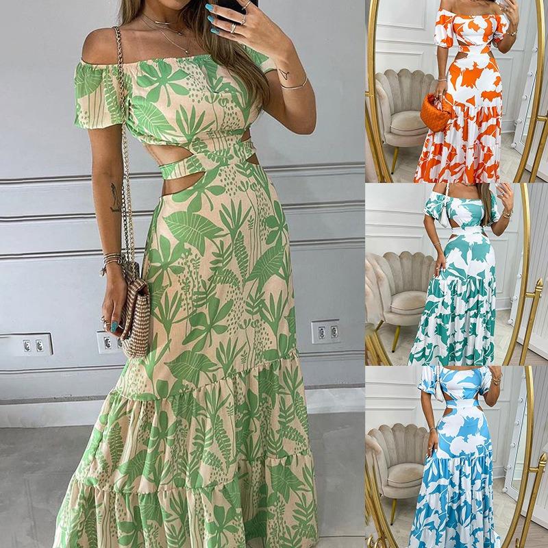 Women's Fashion Print Elegant Slim-fit Print Hollow Lace-up Dress