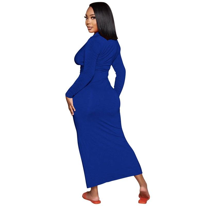 Y212040 Elegant Casual Women's Clothing Autumn And Winter Casual Pleated Solid Long Dress Button Long Sleeve Sexy Dress
