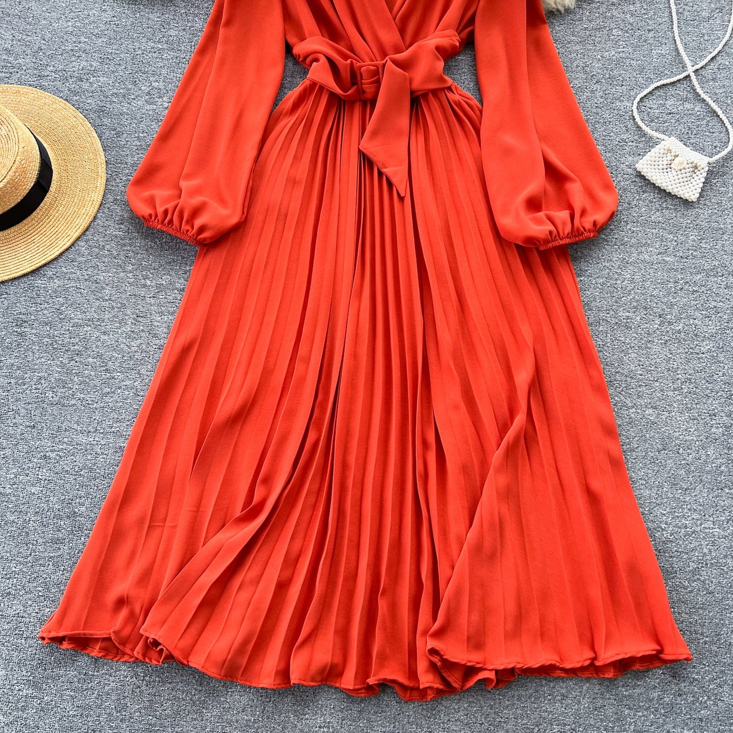 Summer Roman V-neck Tunic Waist Dress Women's Long Lantern Sleeve Empire Lace Dress Red Yellow Purple Black