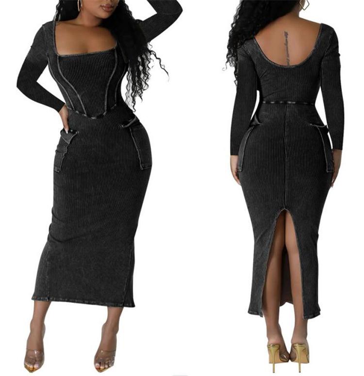 M0648-wholesale Long Sleeve Women's New 2023 Tights Club Dress With Pockets