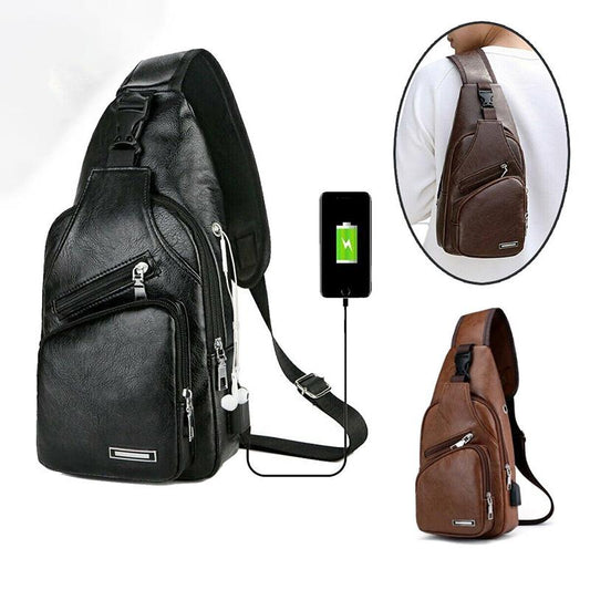 New Korean Style Fashionable Charging Men's Chest Bag Outdoor PU Leather Shoulder Briefcase Leather Sling Bag