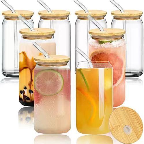 Bamboo Lid Wine Glass 16 Oz Can Cocktail Glass Beer Ice Coffee Glass Whiskey Tea
