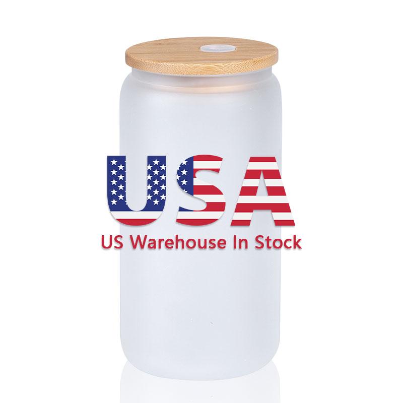 China USA Warehouse 16 Oz Clear Frosted Sublimation Blank Glass Mason Can Beer Can Bamboo Lid Glass Cup