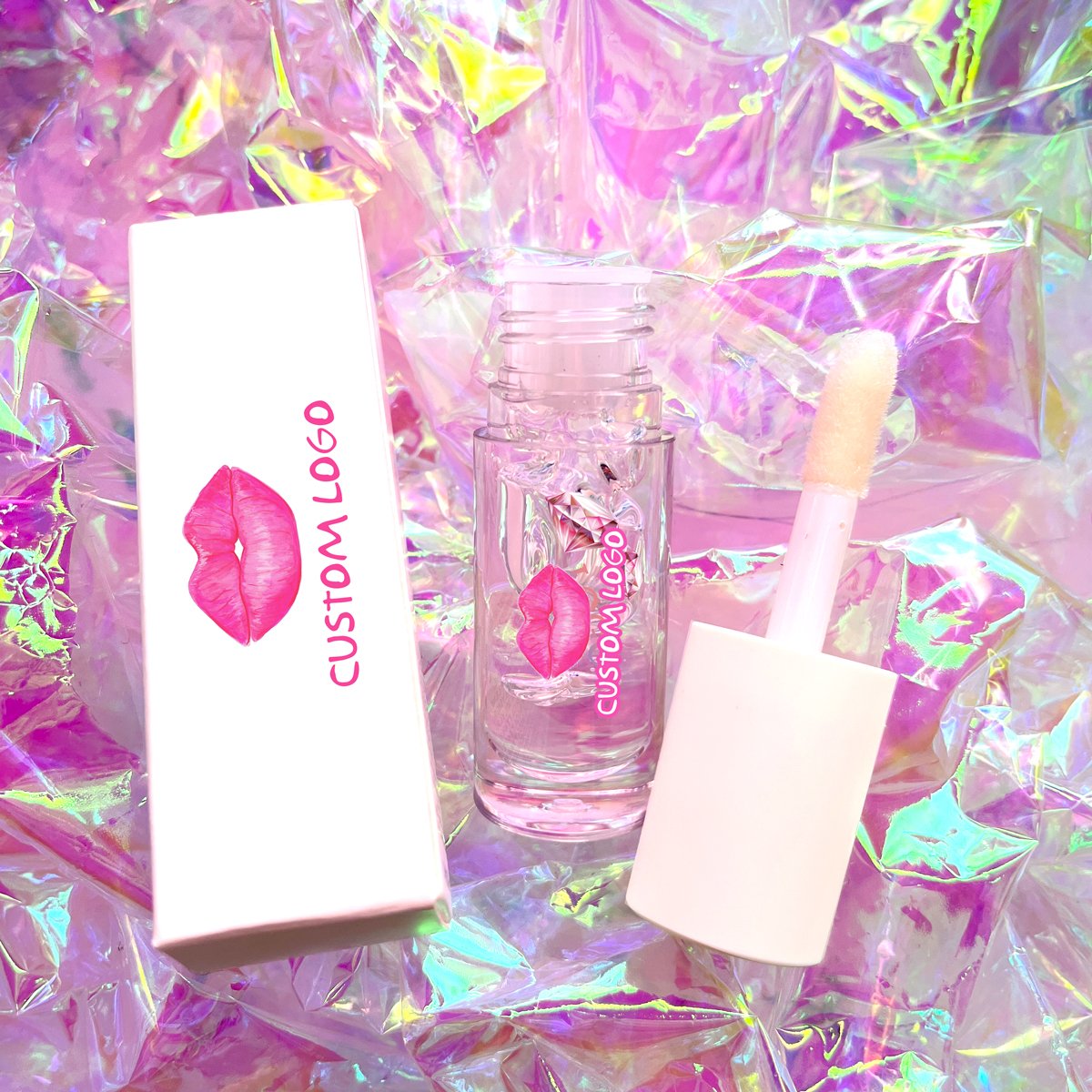 Wholesale Vegan Cosmetics Pink Transparent Nude Lip Gloss Supplier Custom Trademark Sequins Lip Gloss Private Label Lip Gloss