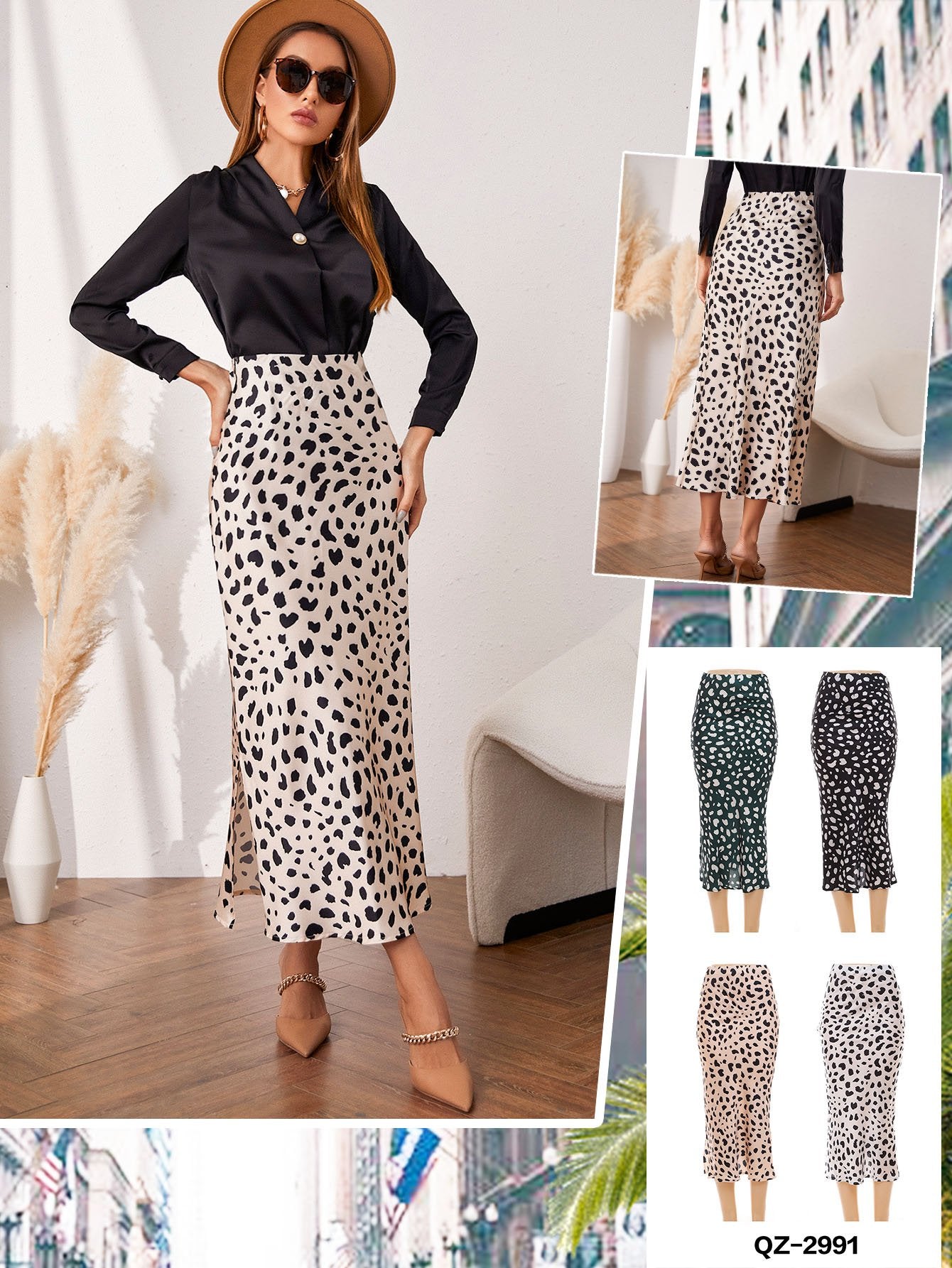 Wholesale Women Style High Waist Long Dress Leopard Print Satin Dress Women Dress Office
