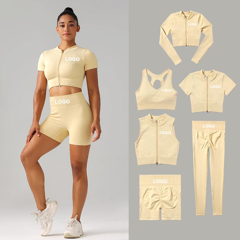 High Quality Rib Zipper 6-piece Set Active Wear Fitness Seamless Yoga Suit Sports Bra Leggings Women's Fitness Suit