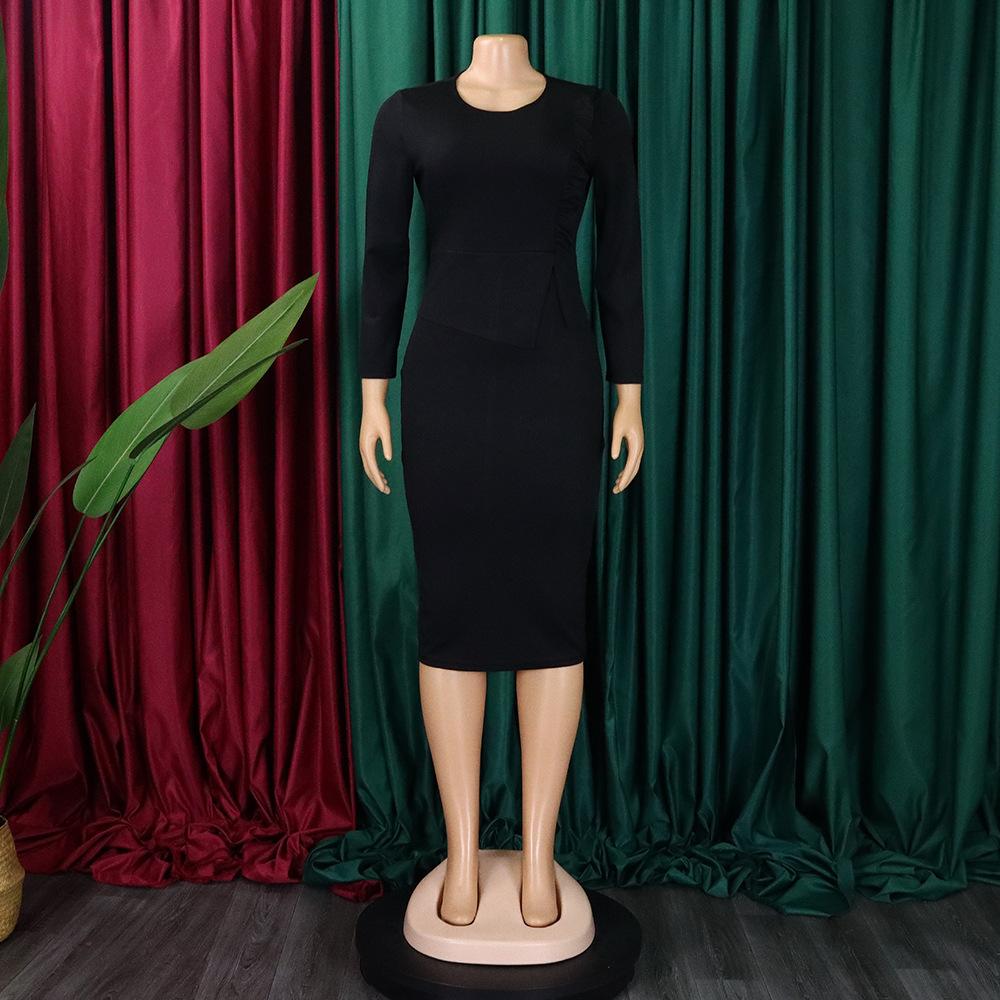 New Spring Dress Women's Elegant Slim-Fit Long-Sleeved Pleated African Women's Women's Women's Office Women's Clothing