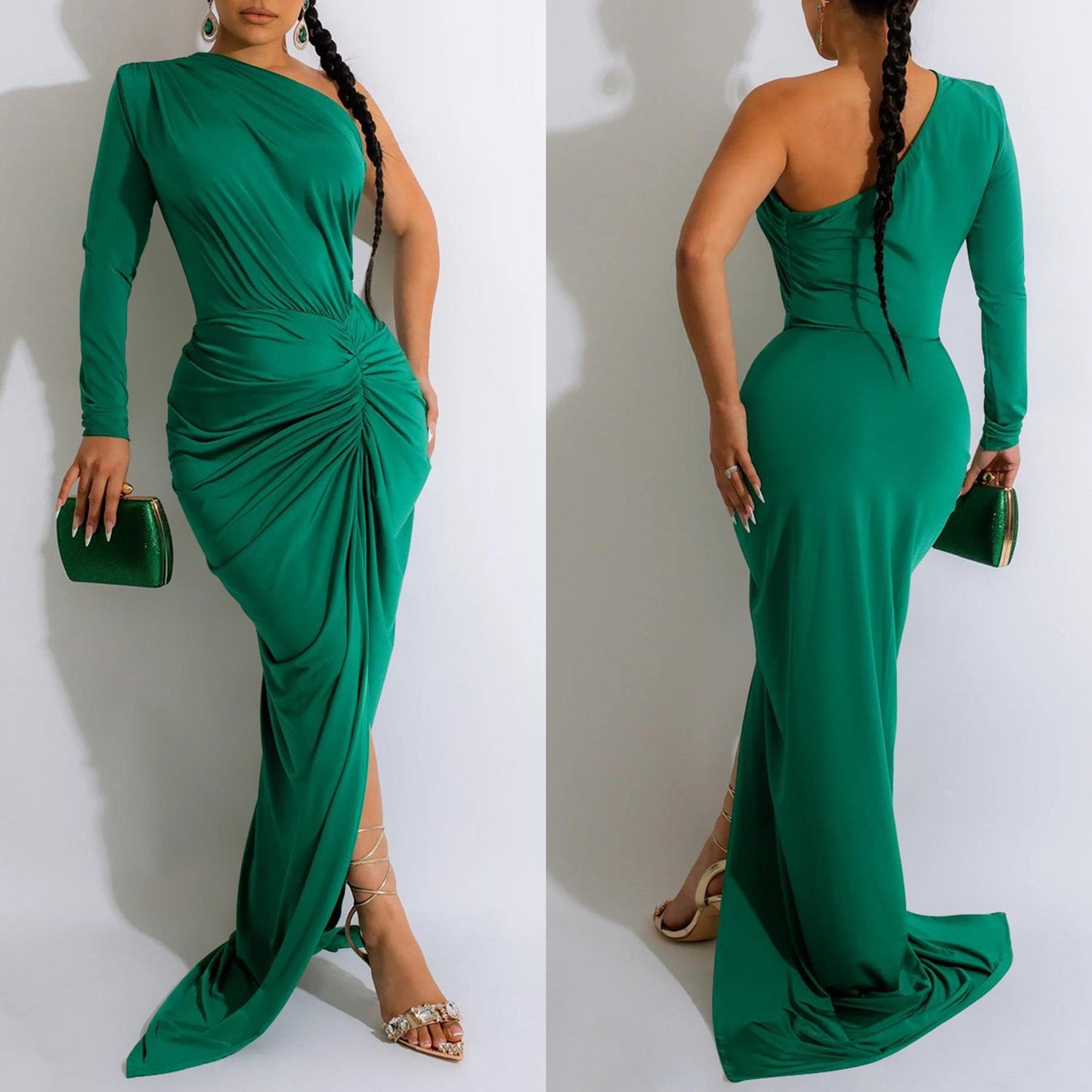 X6042 New Ladies Evening Dress Dress Elegant Solid Color Oblique Collar One Piece Long Sleeve Dress Ladies Party Dress