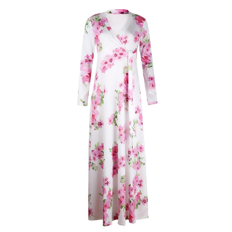 2024 Plus Size Women's Long-sleeved Women's Fat V-neck Printed Lace-up Waist Women's Maxi Skirt Women's Casual Wear