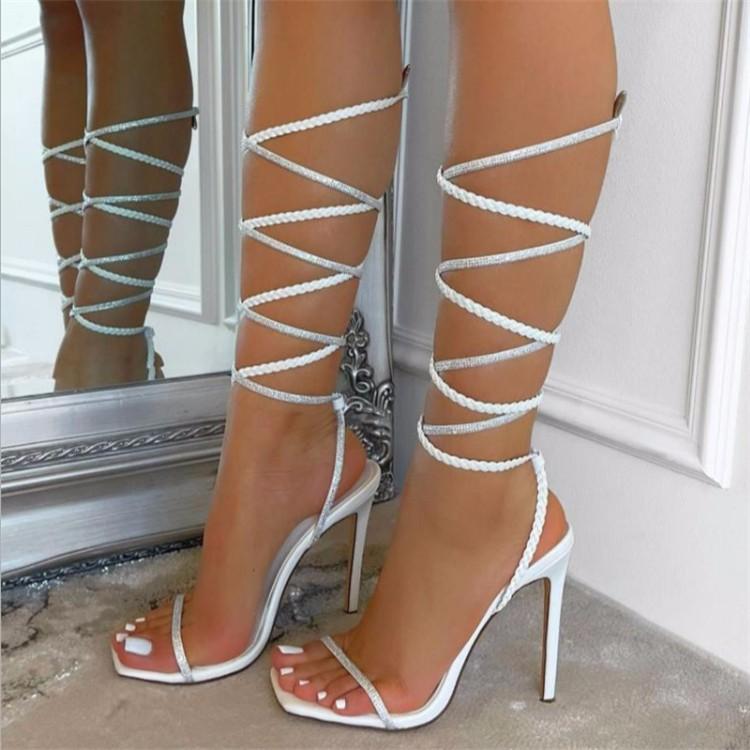 Summer Fashion Rhinestone Woven Square Toe Stiletto Heels Open Toe Strap Ankle Strap Sandals High Heels Women
