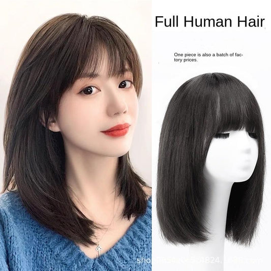 Real Hair Medium Long Air Bangs Bob Hair Age Reduced Clavicle Hair Full Head Wig $1.2 Get 8 Tools Suit