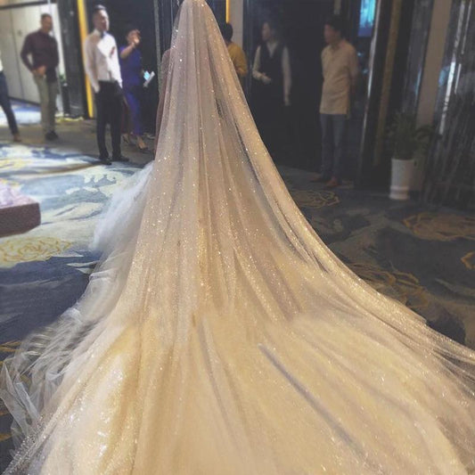 3.5 M Elegant Cathedral Girl Veil Long Wedding Dress Shining Delicate Soft Tulle Silver Embellished With Flash Bridal Veil