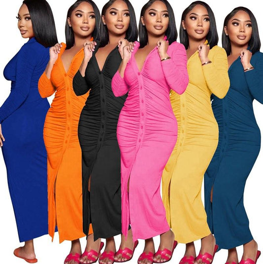 Y212040 Elegant Casual Women's Clothing Autumn And Winter Casual Pleated Solid Long Dress Button Long Sleeve Sexy Dress