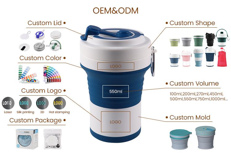 Customized Portable Eco Foldable 16 Oz 350 Ml 450 Ml 500 Ml 550 Ml Outdoor Travel Reusable Silicone Foldable Foldable Coffee Cup Mug