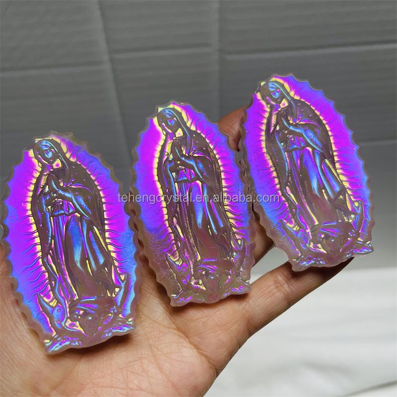 Wholesale Halo Pink Crystal Carved Virgin Mary Plated Rose Quartz Carved Santa Maria Gift
