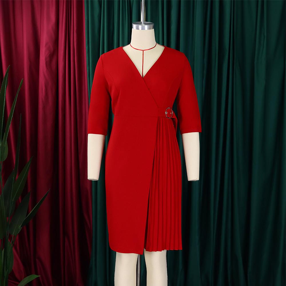 Custom Summer Women's Elegant 3 Quarter Sleeve Women Office Dress Pleated African Women's Clothing