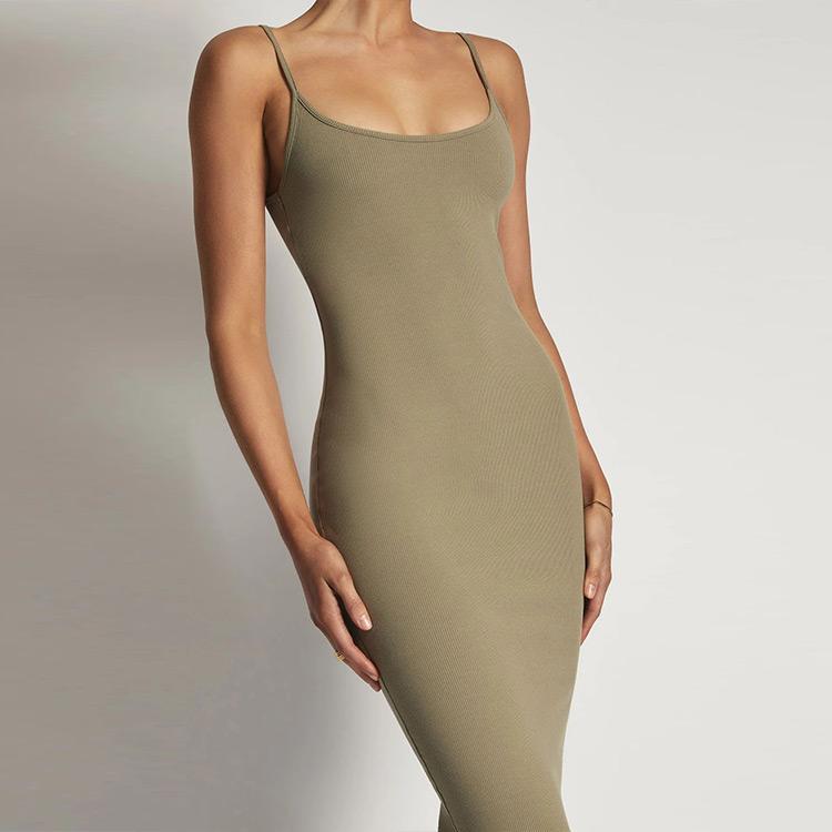 Knitwear Clothing Manufacturer Open Back Decorative Knitted MIDI Dress Rib Sweater Summer Knitted Dress Women