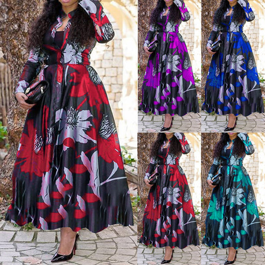 Spring Wholesale Women's Plus Size Dress Printed Long Sleeve Elegant Casual Dress Ruffled Maxi Dress