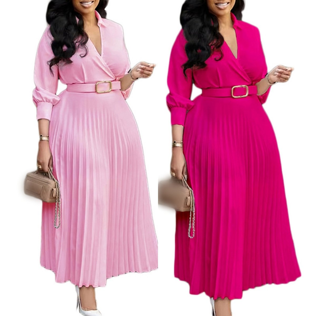 C8587 Fashion Casual Dress Women's Elegant Solid Color Long Sleeve V-neck Pleated Skirt Women's Office Dress Dress With Belt