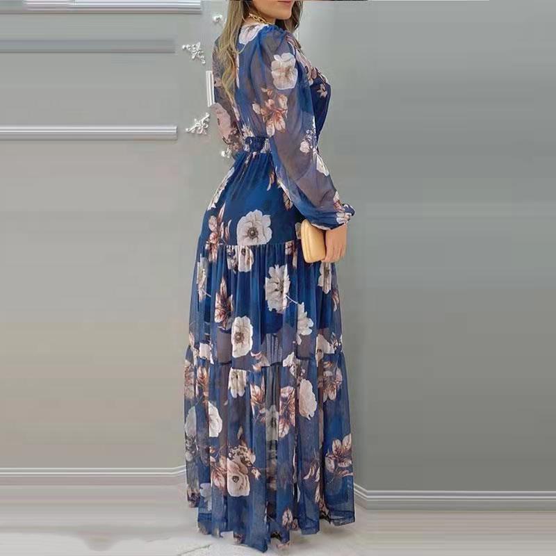 Wholesale Custom Chiffon Floral Dress Casual V-neck Mesh Print Maxi Dress Women Elegant Long Dress