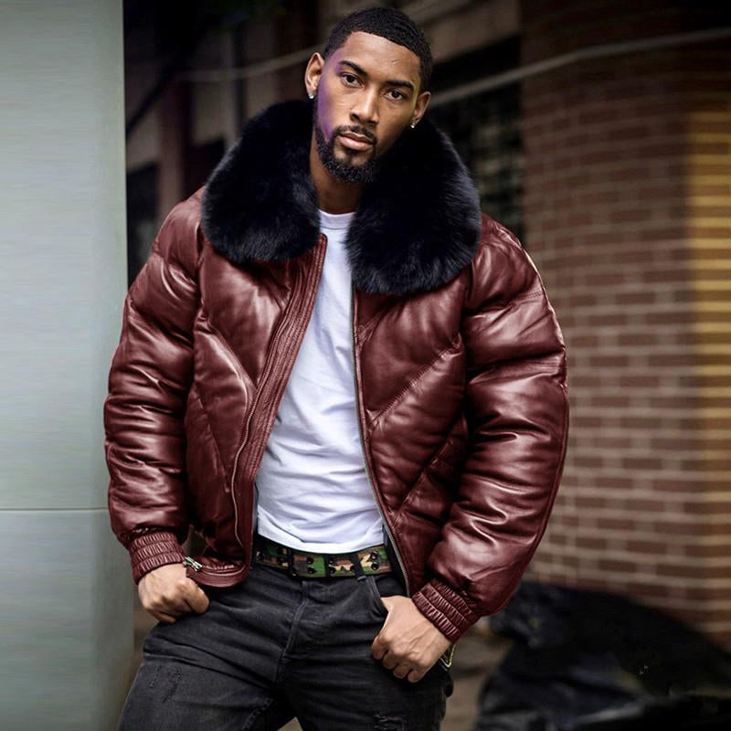 2021 Latest Men's High Custom Bomber Black Real Fox Fur Collar High Grade Duck Down With Black Real Sheepskin Jacket